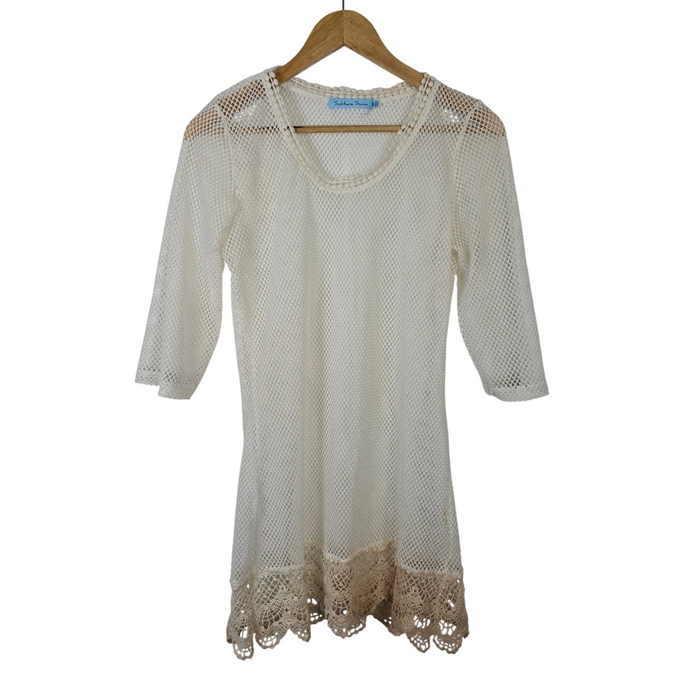 Solitaire Swim Ivory Mesh Crochet Lace Trim Beach Coverup Dress Ombre Medium